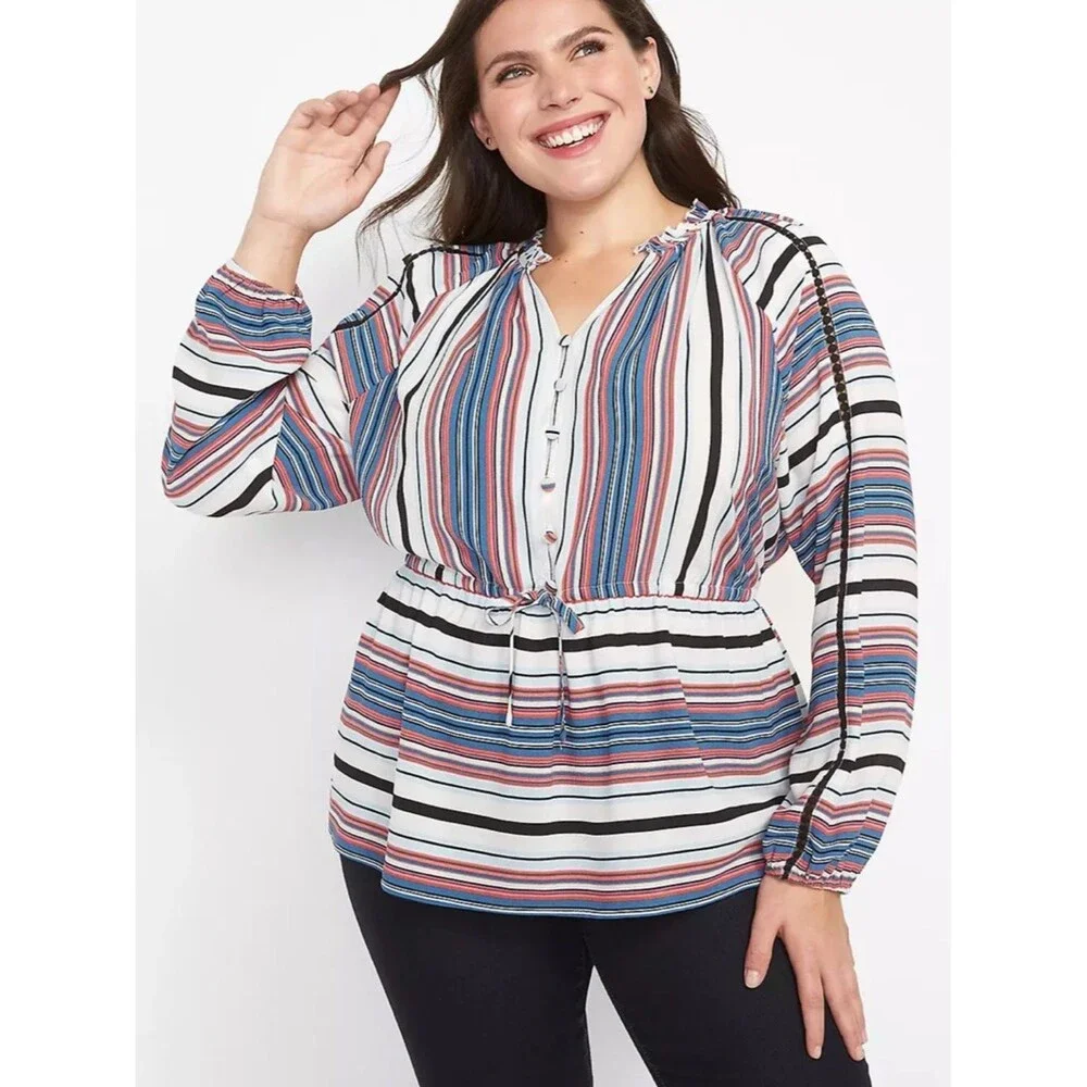 Lane Bryant Two-Way Stripe Ruffle Split-Neck Button-Front Peplum Top Size 14/16